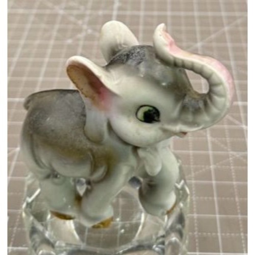 Vintage Japan Ceramic Gray Baby Elephant Bow Pink Ears